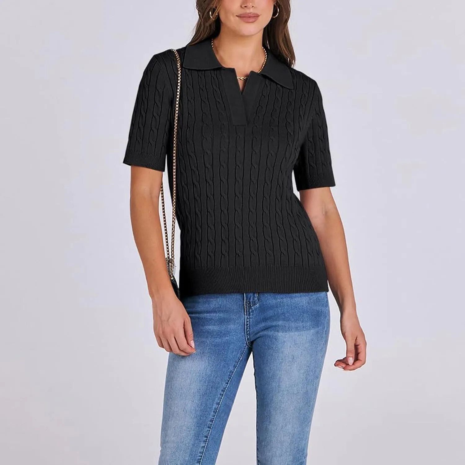 Women's Cable Knit Short Sleeve Sweaters Tops Polo V Neck Cable Knit Casual Soft Pullover Shirts Summer Outfits