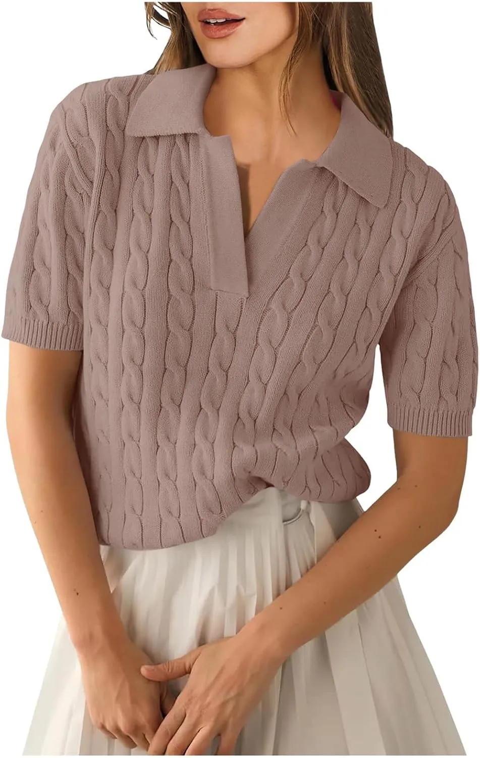 Women's Cable Knit Short Sleeve Sweaters Tops Polo V Neck Cable Knit Casual Soft Pullover Shirts Summer Outfits