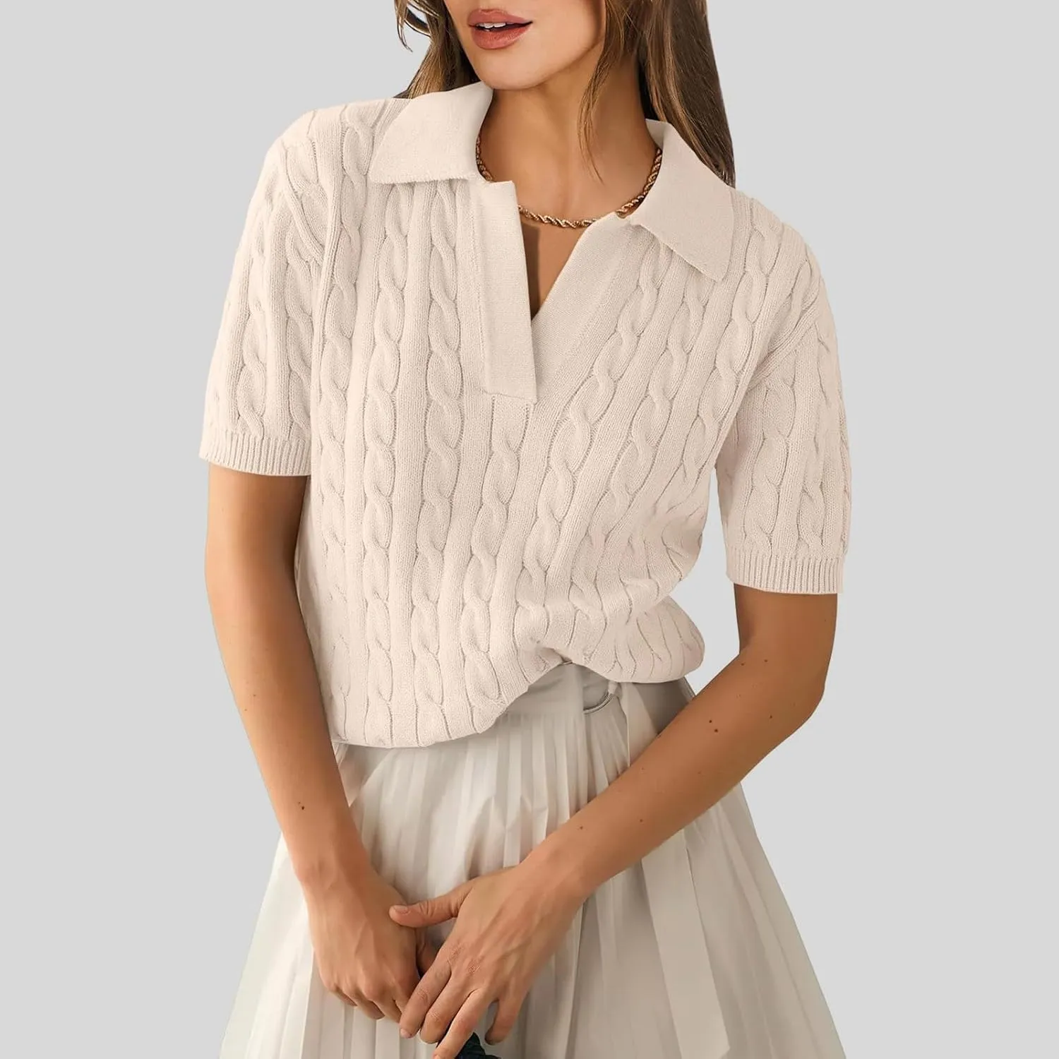 Women's Cable Knit Short Sleeve Sweaters Tops Polo V Neck Cable Knit Casual Soft Pullover Shirts Summer Outfits