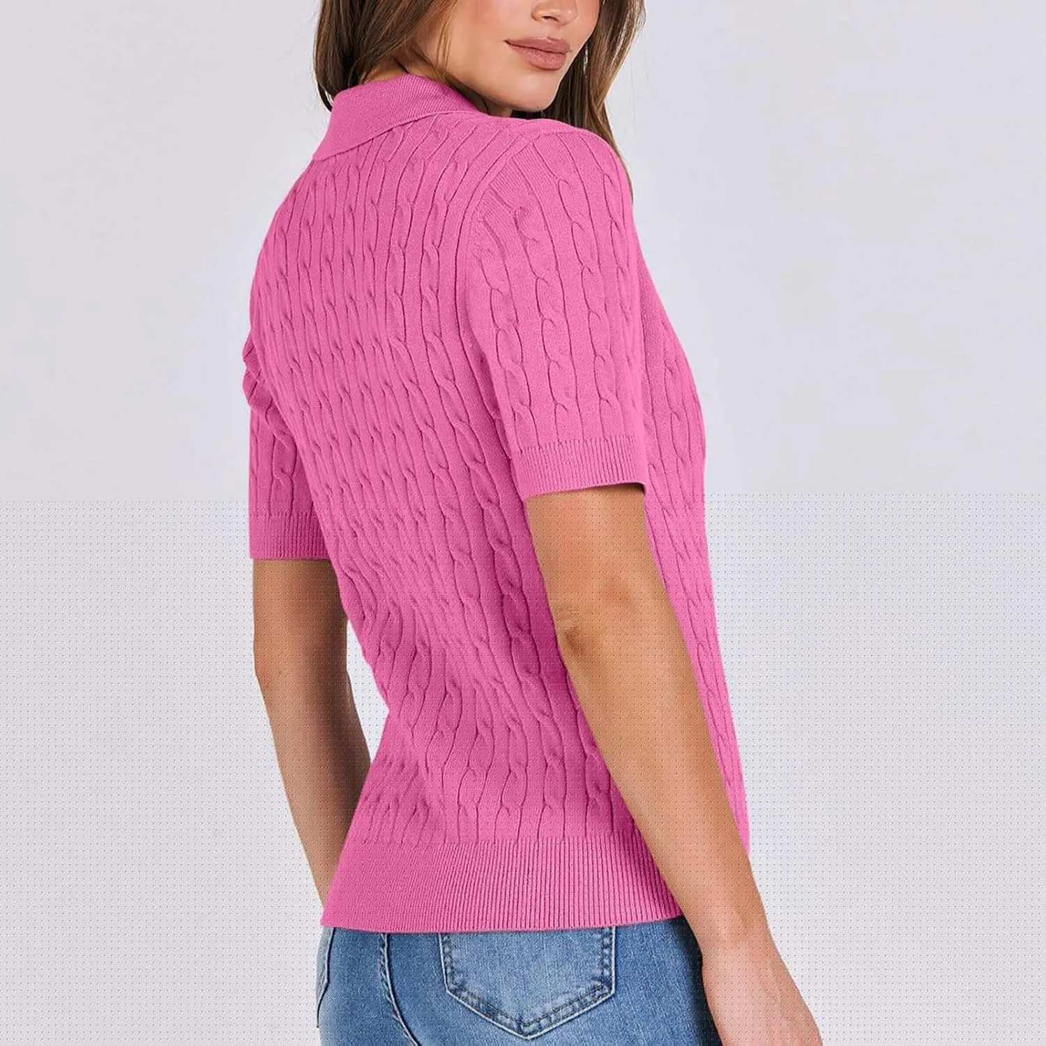 Women's Cable Knit Short Sleeve Sweaters Tops Polo V Neck Cable Knit Casual Soft Pullover Shirts Summer Outfits