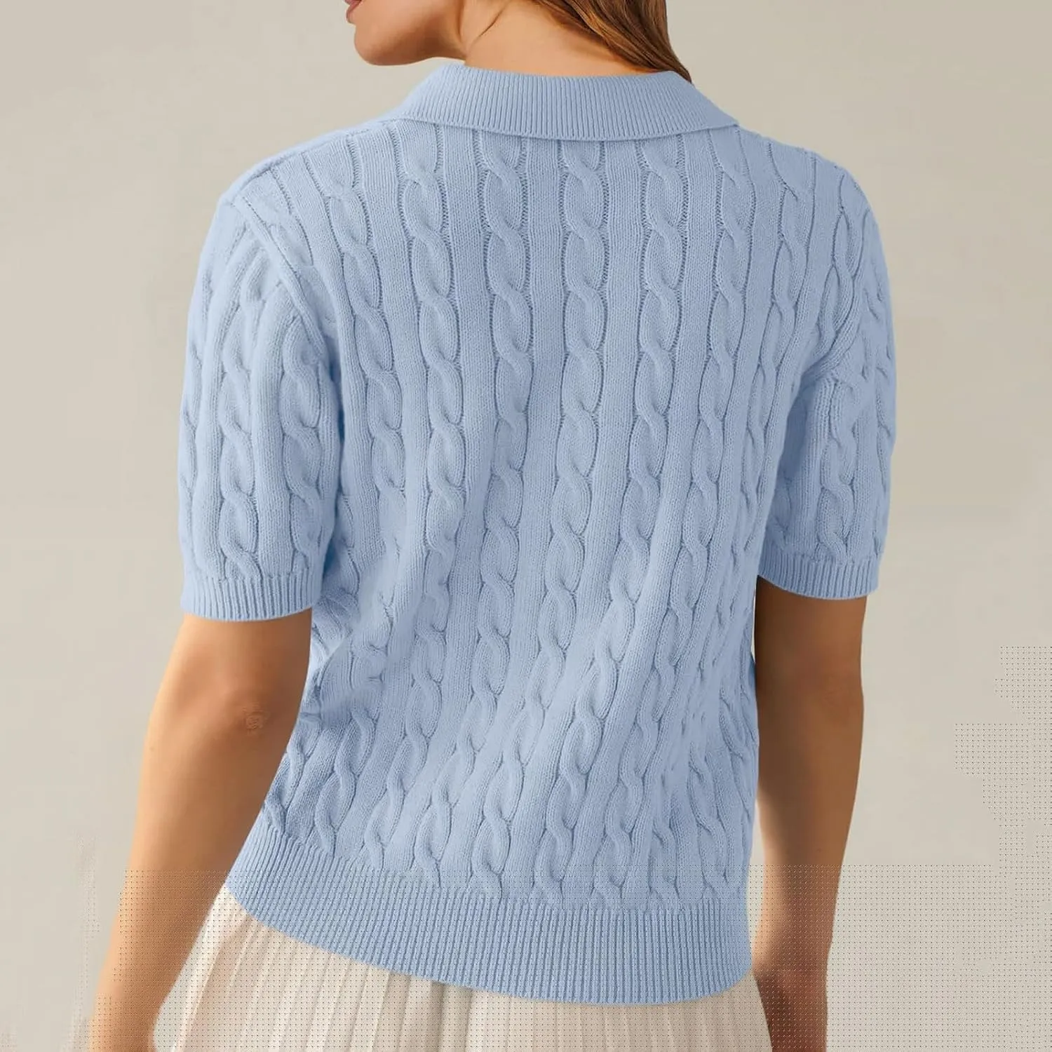 Women's Cable Knit Short Sleeve Sweaters Tops Polo V Neck Cable Knit Casual Soft Pullover Shirts Summer Outfits