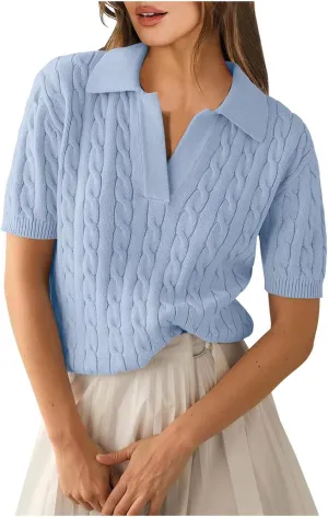 Women's Cable Knit Short Sleeve Sweaters Tops Polo V Neck Cable Knit Casual Soft Pullover Shirts Summer Outfits