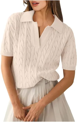 Women's Cable Knit Short Sleeve Sweaters Tops Polo V Neck Cable Knit Casual Soft Pullover Shirts Summer Outfits