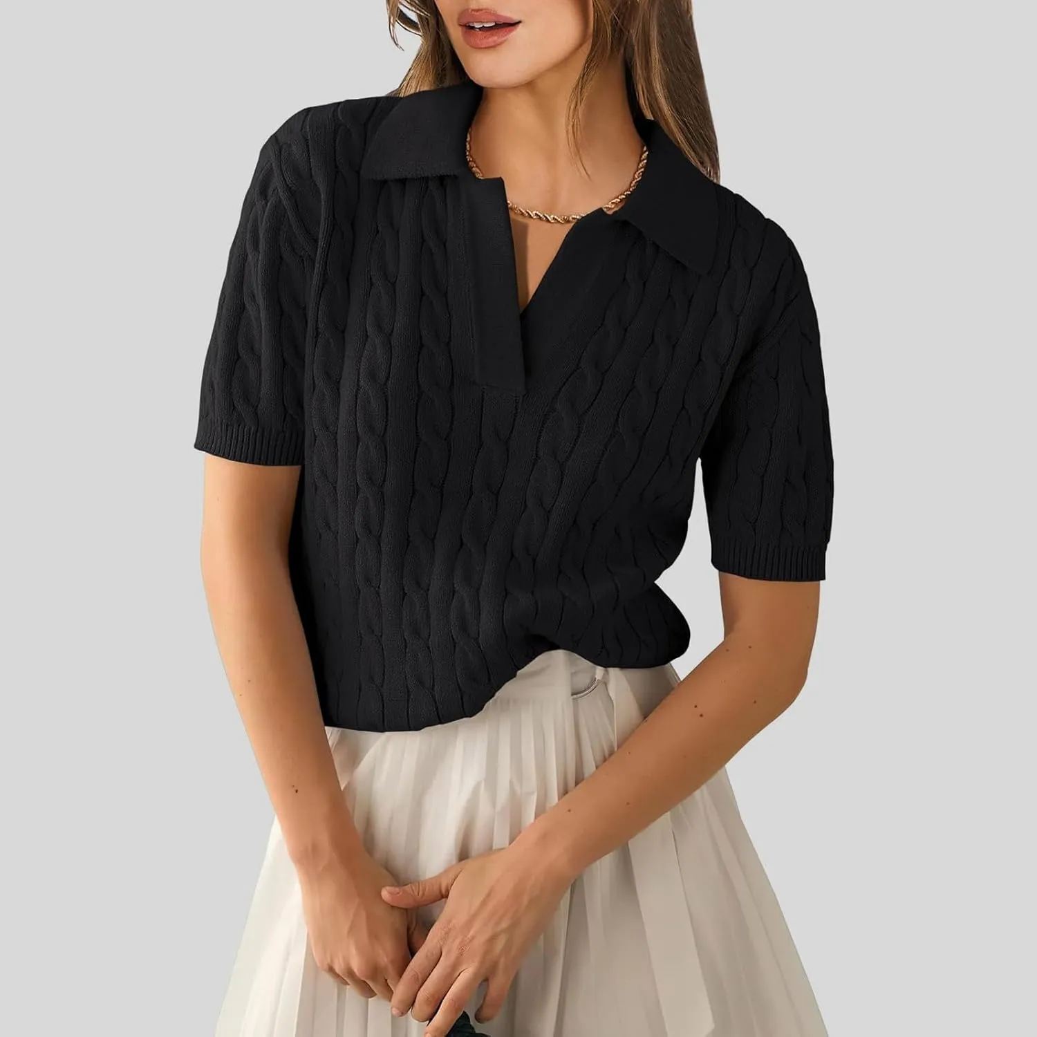 Women's Cable Knit Short Sleeve Sweaters Tops Polo V Neck Cable Knit Casual Soft Pullover Shirts Summer Outfits