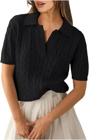 Women's Cable Knit Short Sleeve Sweaters Tops Polo V Neck Cable Knit Casual Soft Pullover Shirts Summer Outfits