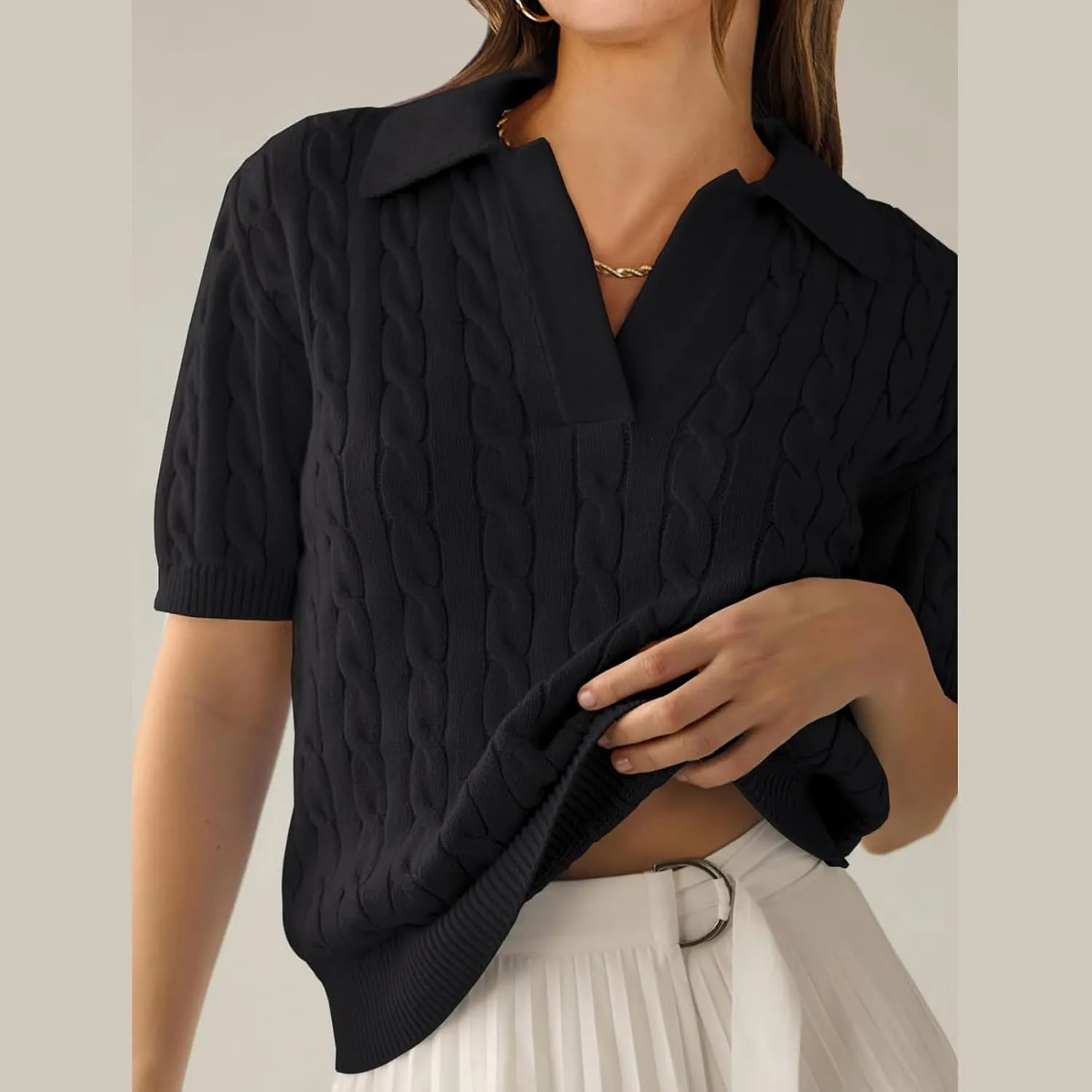 Women's Cable Knit Short Sleeve Sweaters Tops Polo V Neck Cable Knit Casual Soft Pullover Shirts Summer Outfits