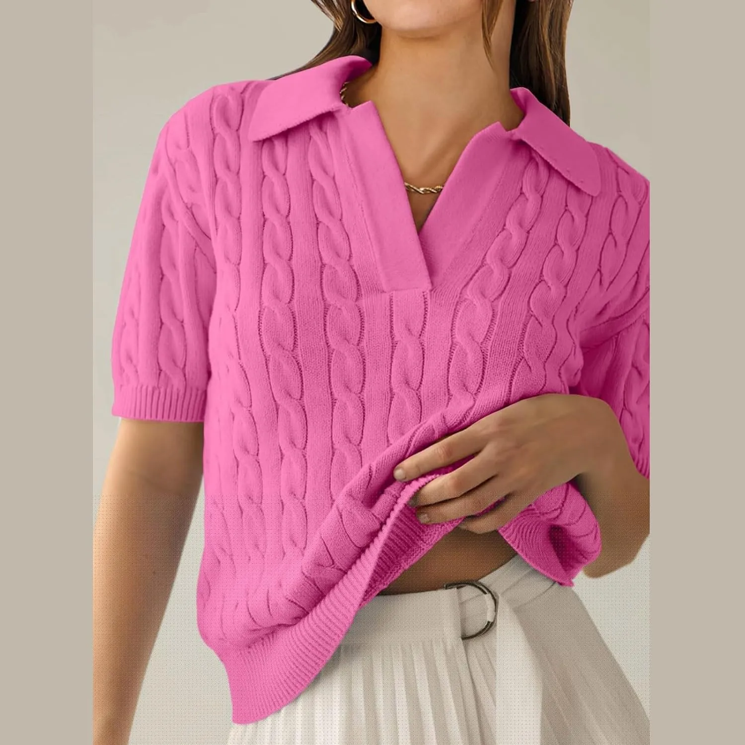 Women's Cable Knit Short Sleeve Sweaters Tops Polo V Neck Cable Knit Casual Soft Pullover Shirts Summer Outfits