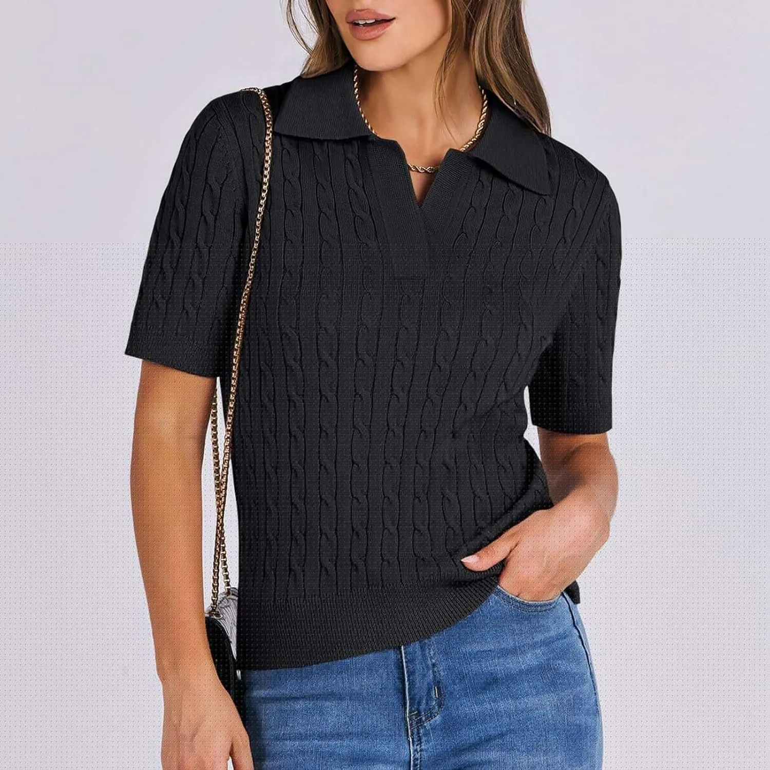 Women's Cable Knit Short Sleeve Sweaters Tops Polo V Neck Cable Knit Casual Soft Pullover Shirts Summer Outfits