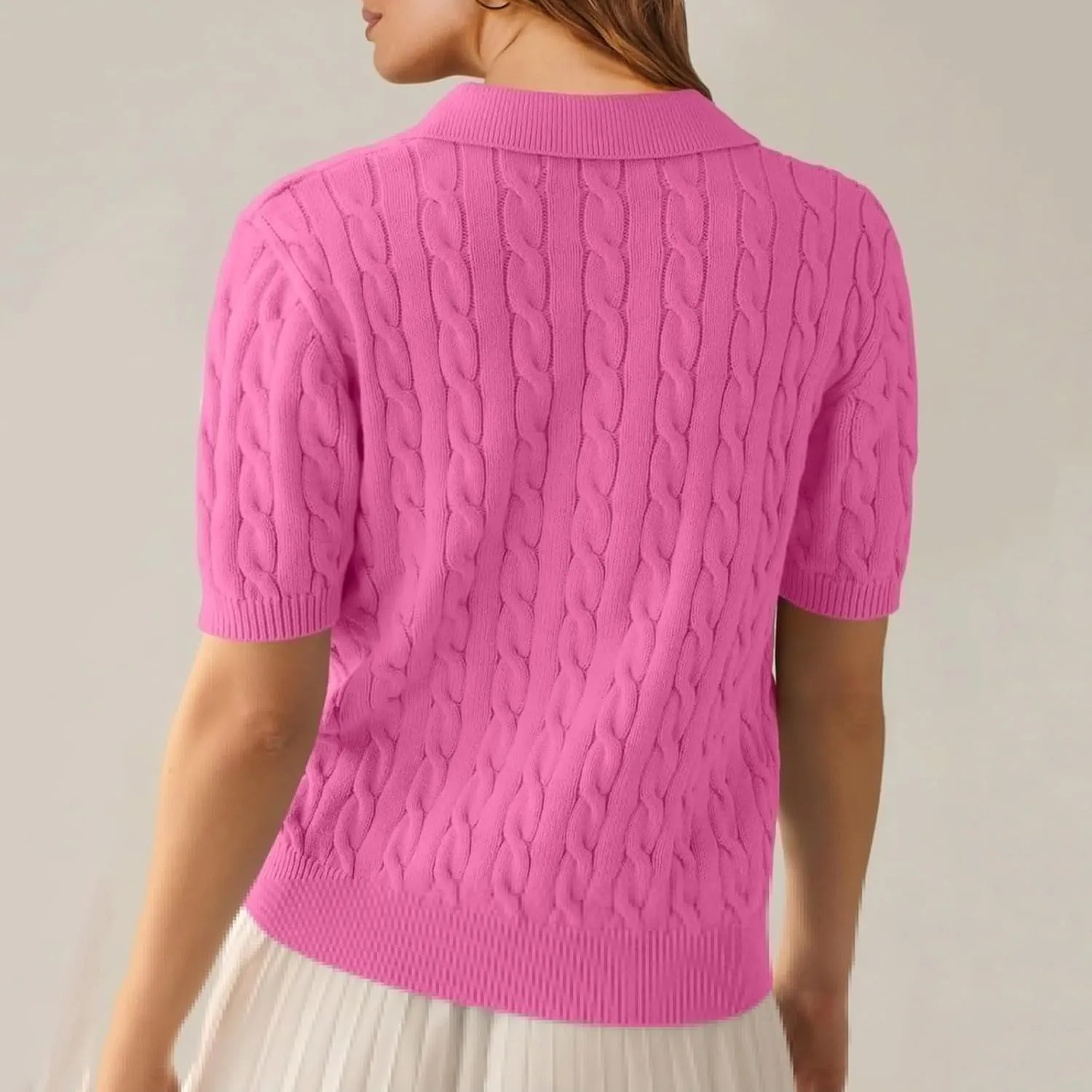 Women's Cable Knit Short Sleeve Sweaters Tops Polo V Neck Cable Knit Casual Soft Pullover Shirts Summer Outfits