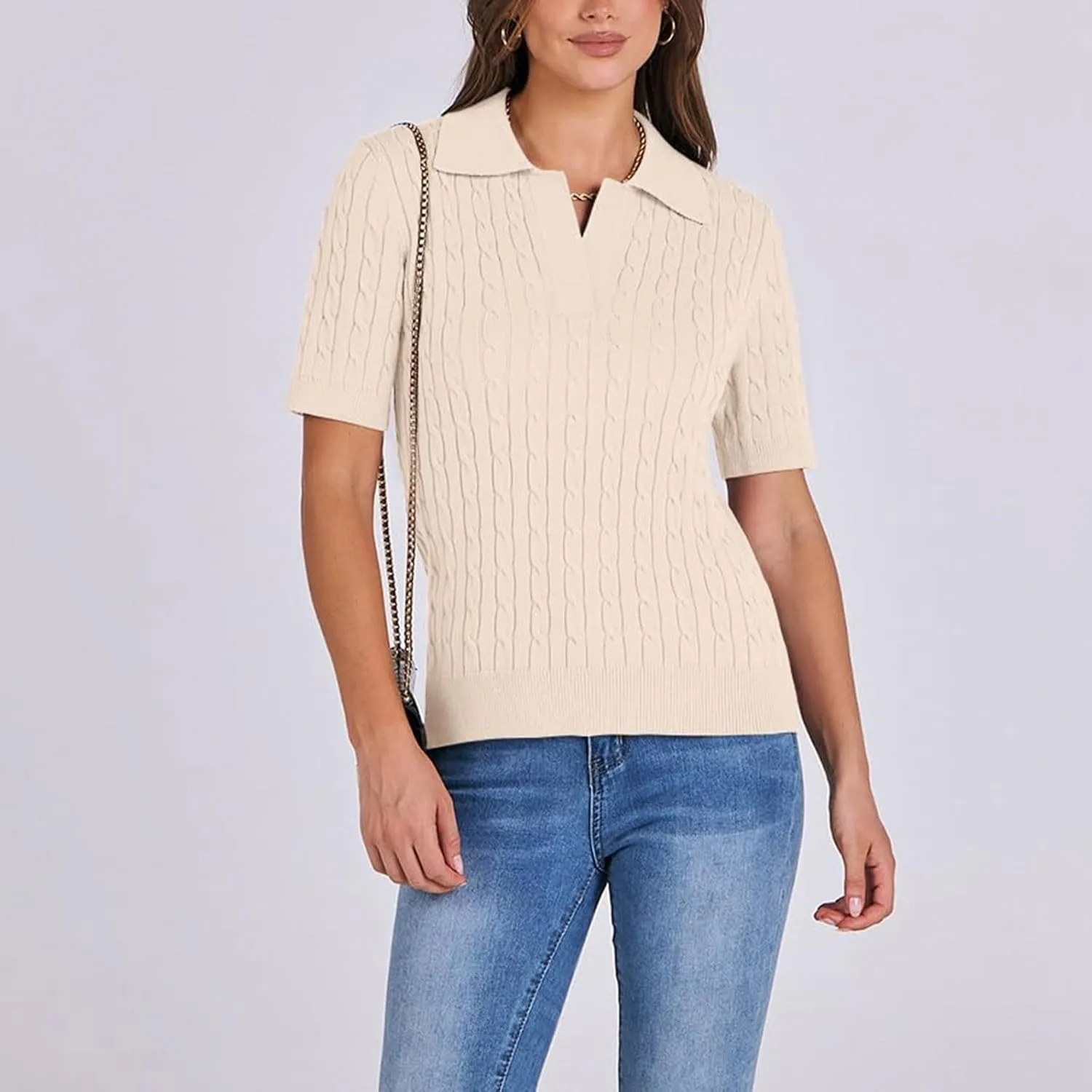 Women's Cable Knit Short Sleeve Sweaters Tops Polo V Neck Cable Knit Casual Soft Pullover Shirts Summer Outfits