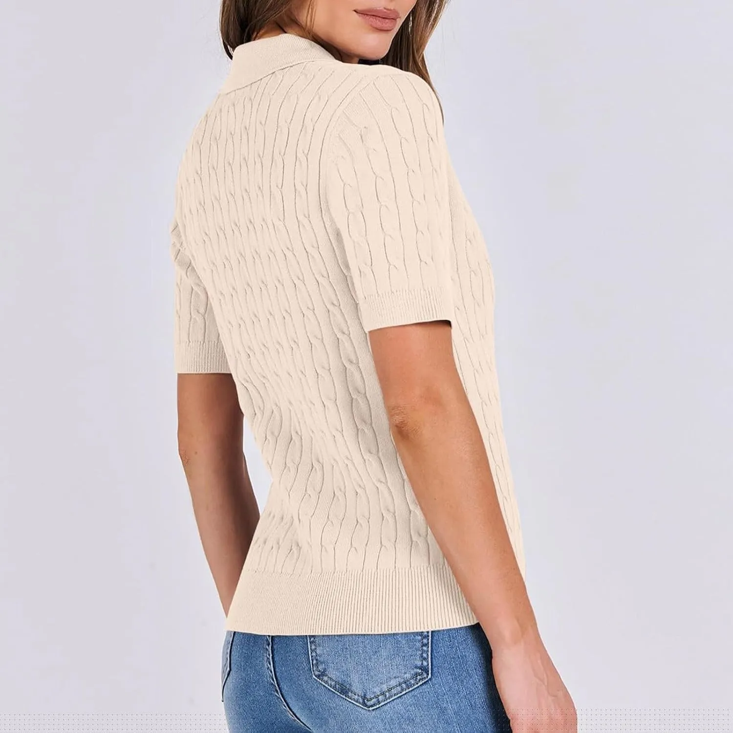 Women's Cable Knit Short Sleeve Sweaters Tops Polo V Neck Cable Knit Casual Soft Pullover Shirts Summer Outfits
