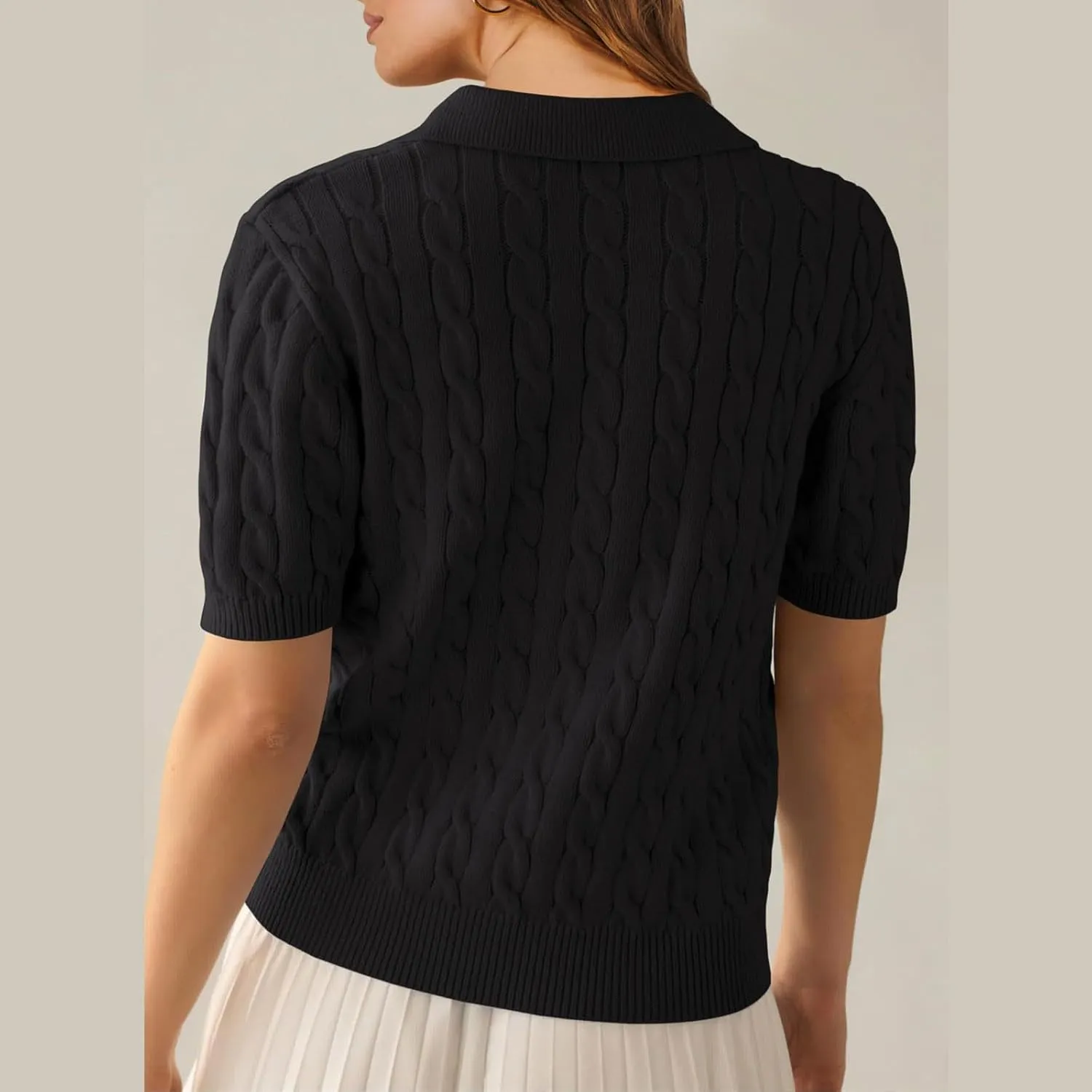 Women's Cable Knit Short Sleeve Sweaters Tops Polo V Neck Cable Knit Casual Soft Pullover Shirts Summer Outfits