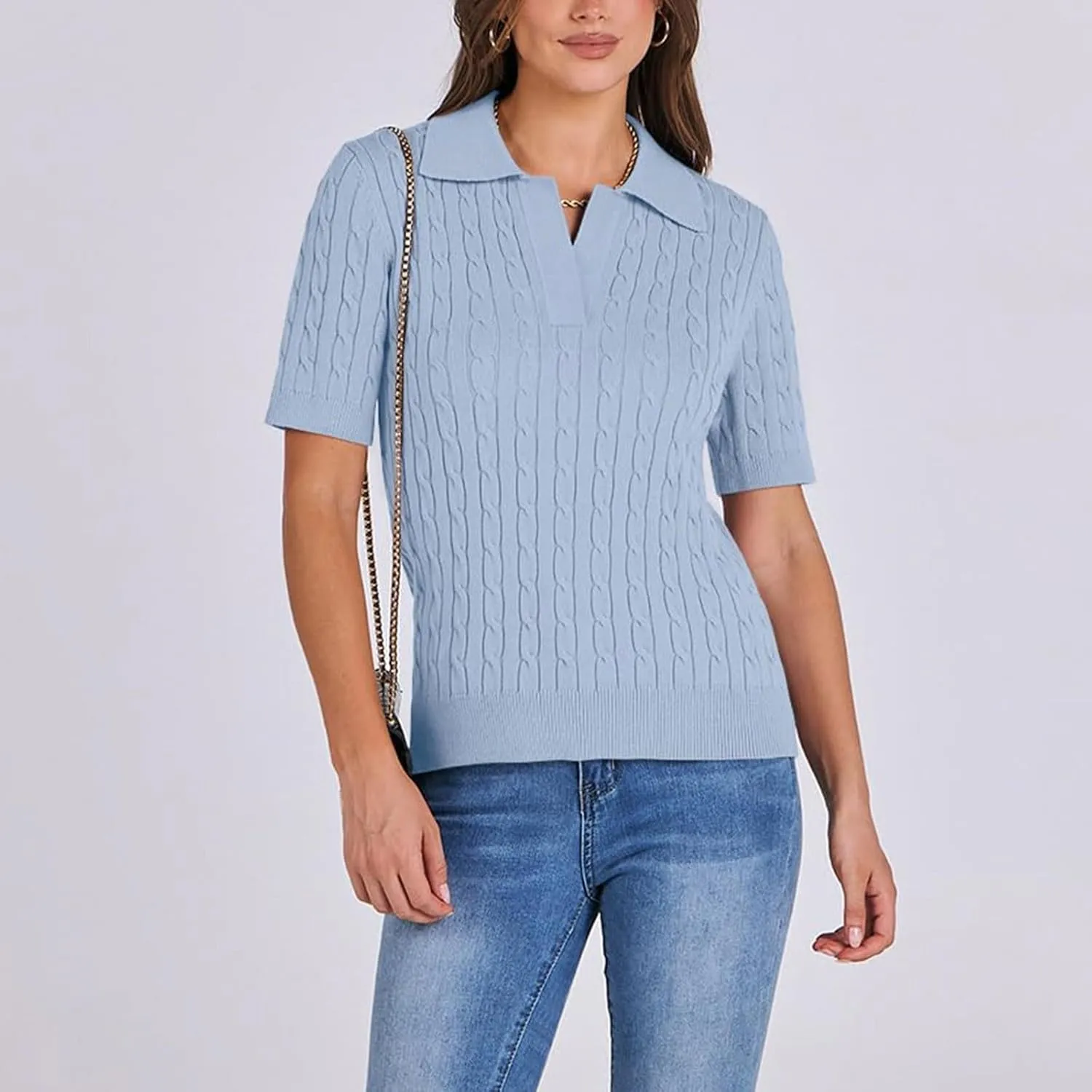 Women's Cable Knit Short Sleeve Sweaters Tops Polo V Neck Cable Knit Casual Soft Pullover Shirts Summer Outfits