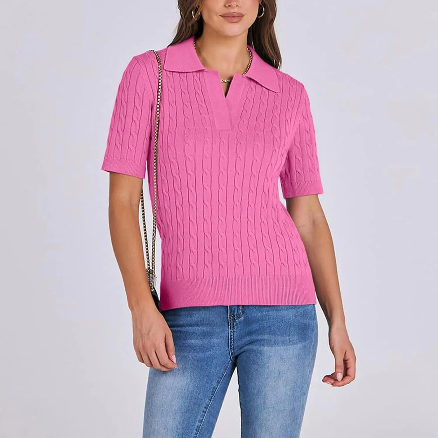 Women's Cable Knit Short Sleeve Sweaters Tops Polo V Neck Cable Knit Casual Soft Pullover Shirts Summer Outfits