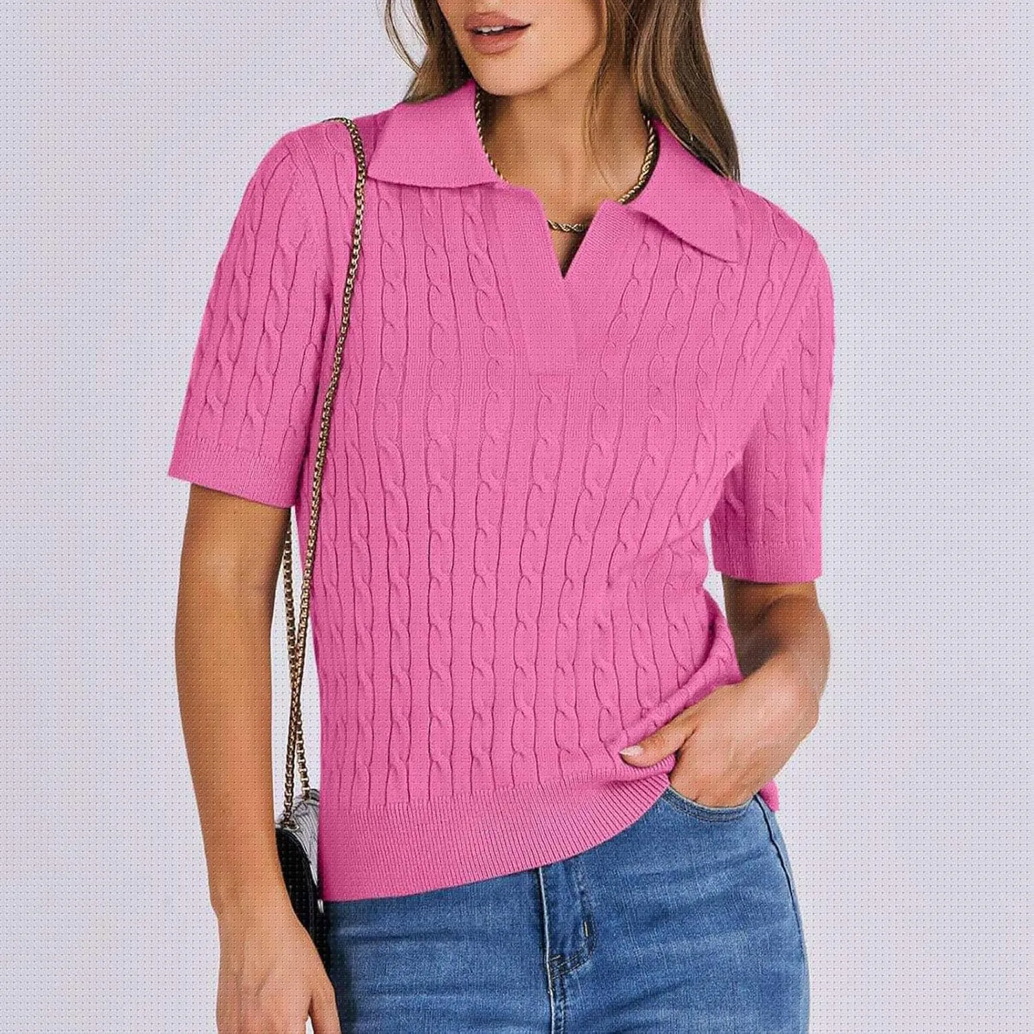Women's Cable Knit Short Sleeve Sweaters Tops Polo V Neck Cable Knit Casual Soft Pullover Shirts Summer Outfits