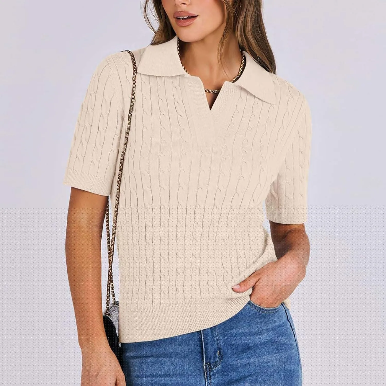 Women's Cable Knit Short Sleeve Sweaters Tops Polo V Neck Cable Knit Casual Soft Pullover Shirts Summer Outfits