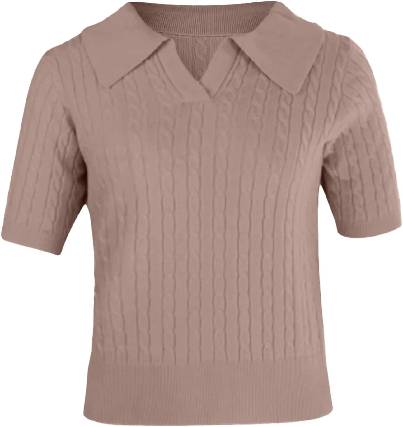 Women's Cable Knit Short Sleeve Sweaters Tops Polo V Neck Cable Knit Casual Soft Pullover Shirts Summer Outfits