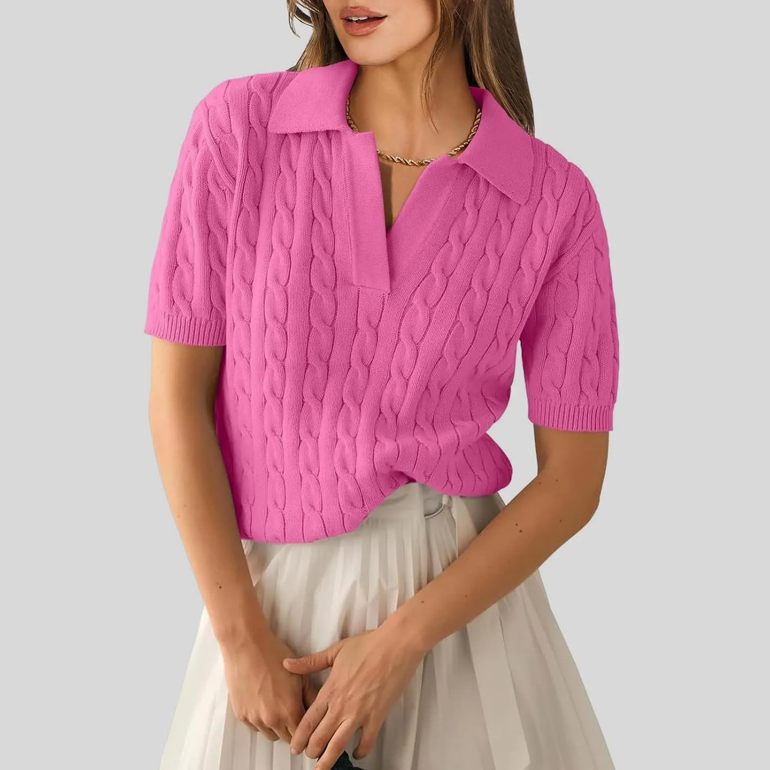 Women's Cable Knit Short Sleeve Sweaters Tops Polo V Neck Cable Knit Casual Soft Pullover Shirts Summer Outfits