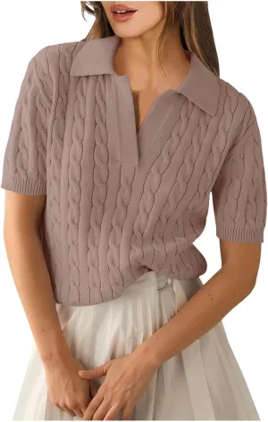 Women's Cable Knit Short Sleeve Sweaters Tops Polo V Neck Cable Knit Casual Soft Pullover Shirts Summer Outfits