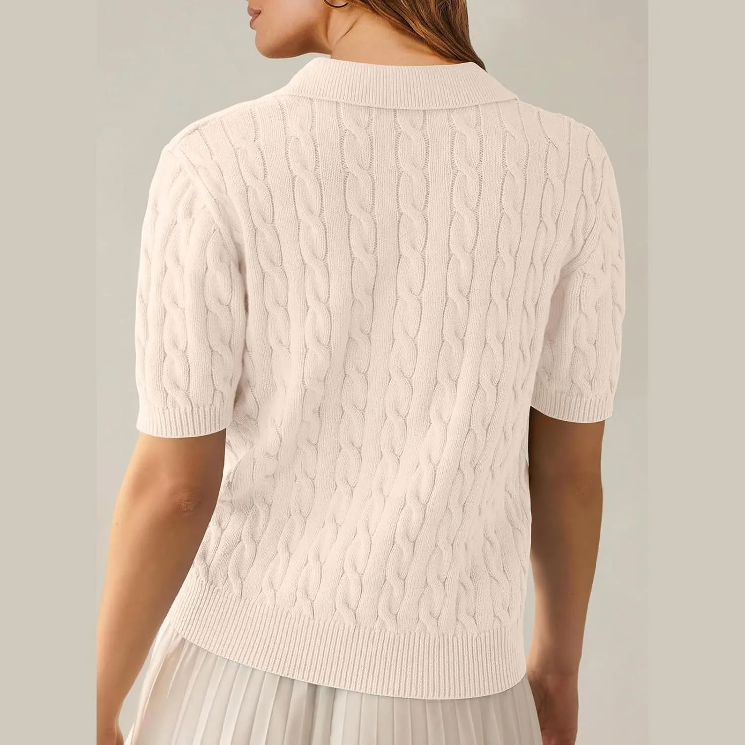 Women's Cable Knit Short Sleeve Sweaters Tops Polo V Neck Cable Knit Casual Soft Pullover Shirts Summer Outfits