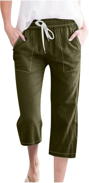 Womens Casual Cotton Linen Pants Lightweight Summer Loose Fit Elastic Waist Capris Solid Lounge Cropped Trousers