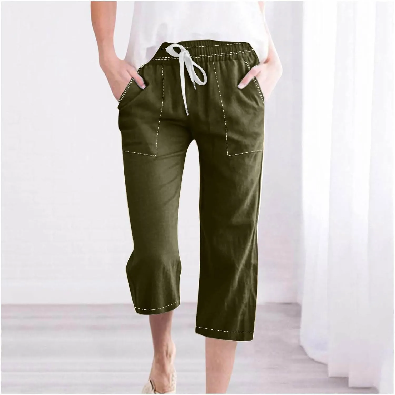 Womens Casual Cotton Linen Pants Lightweight Summer Loose Fit Elastic Waist Capris Solid Lounge Cropped Trousers