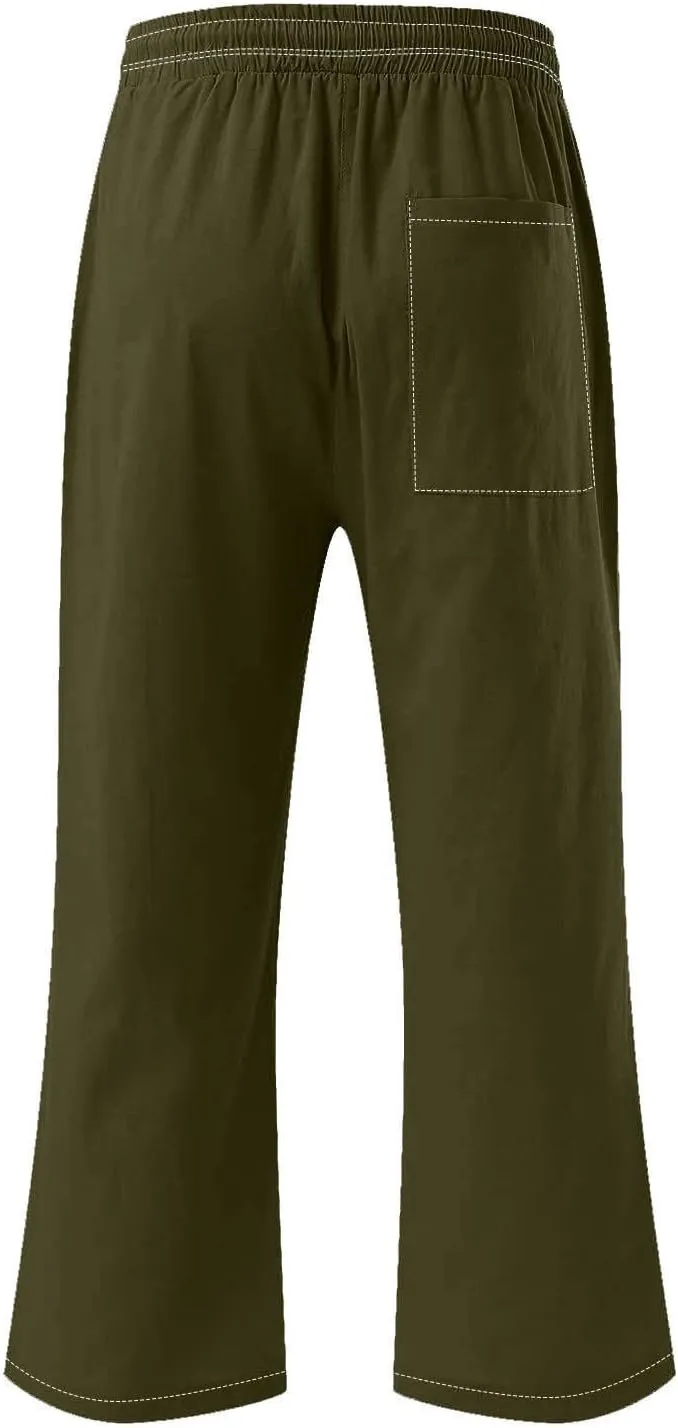 Womens Casual Cotton Linen Pants Lightweight Summer Loose Fit Elastic Waist Capris Solid Lounge Cropped Trousers