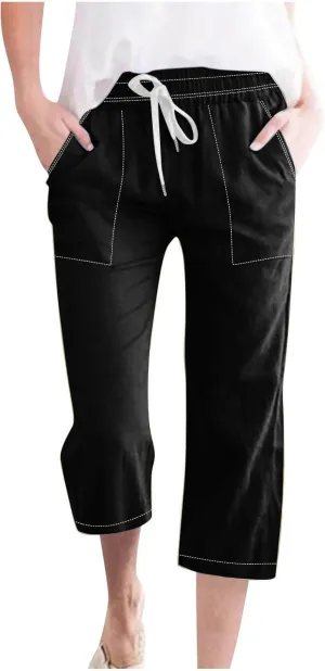 Womens Casual Cotton Linen Pants Lightweight Summer Loose Fit Elastic Waist Capris Solid Lounge Cropped Trousers