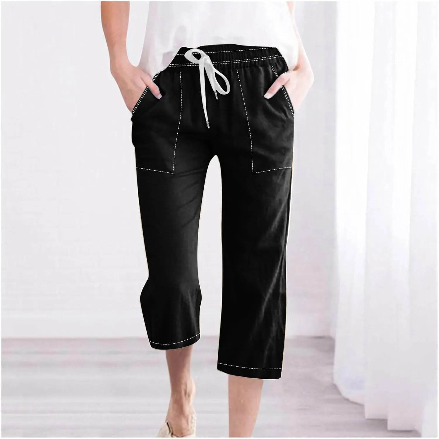 Womens Casual Cotton Linen Pants Lightweight Summer Loose Fit Elastic Waist Capris Solid Lounge Cropped Trousers