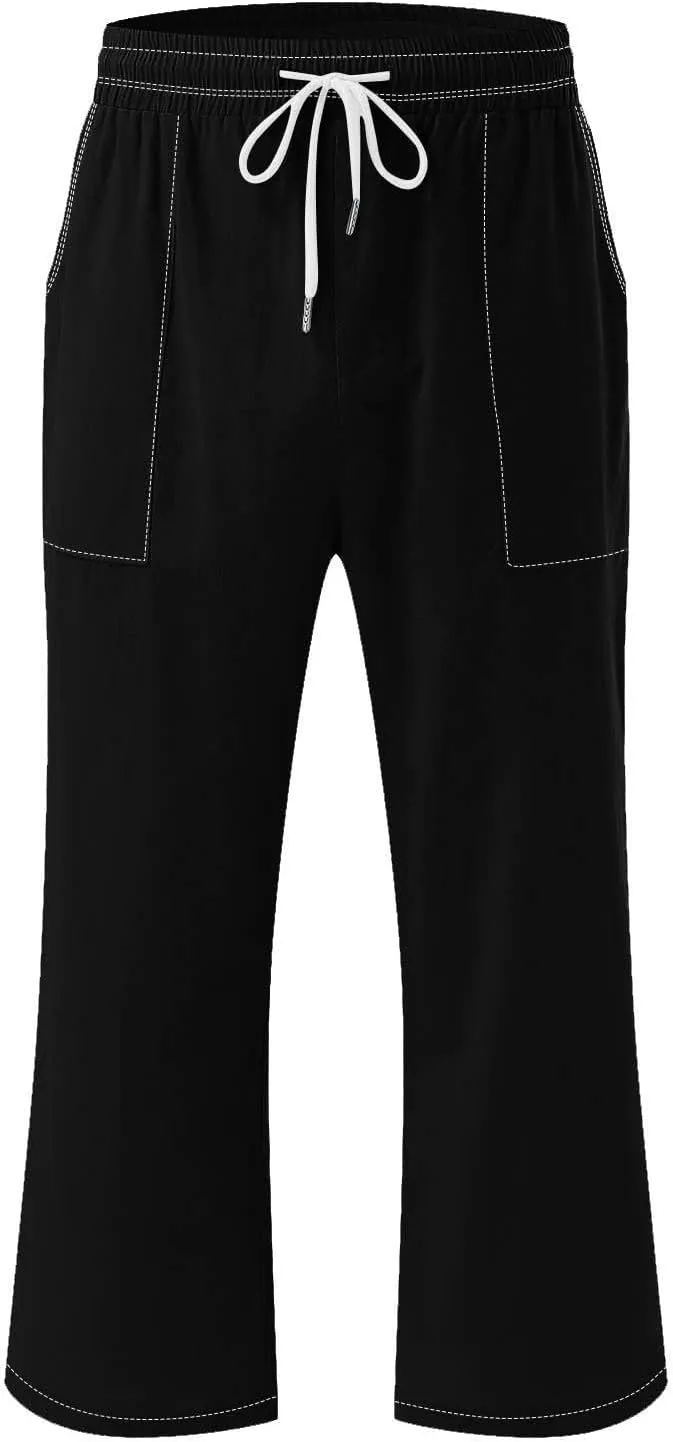 Womens Casual Cotton Linen Pants Lightweight Summer Loose Fit Elastic Waist Capris Solid Lounge Cropped Trousers