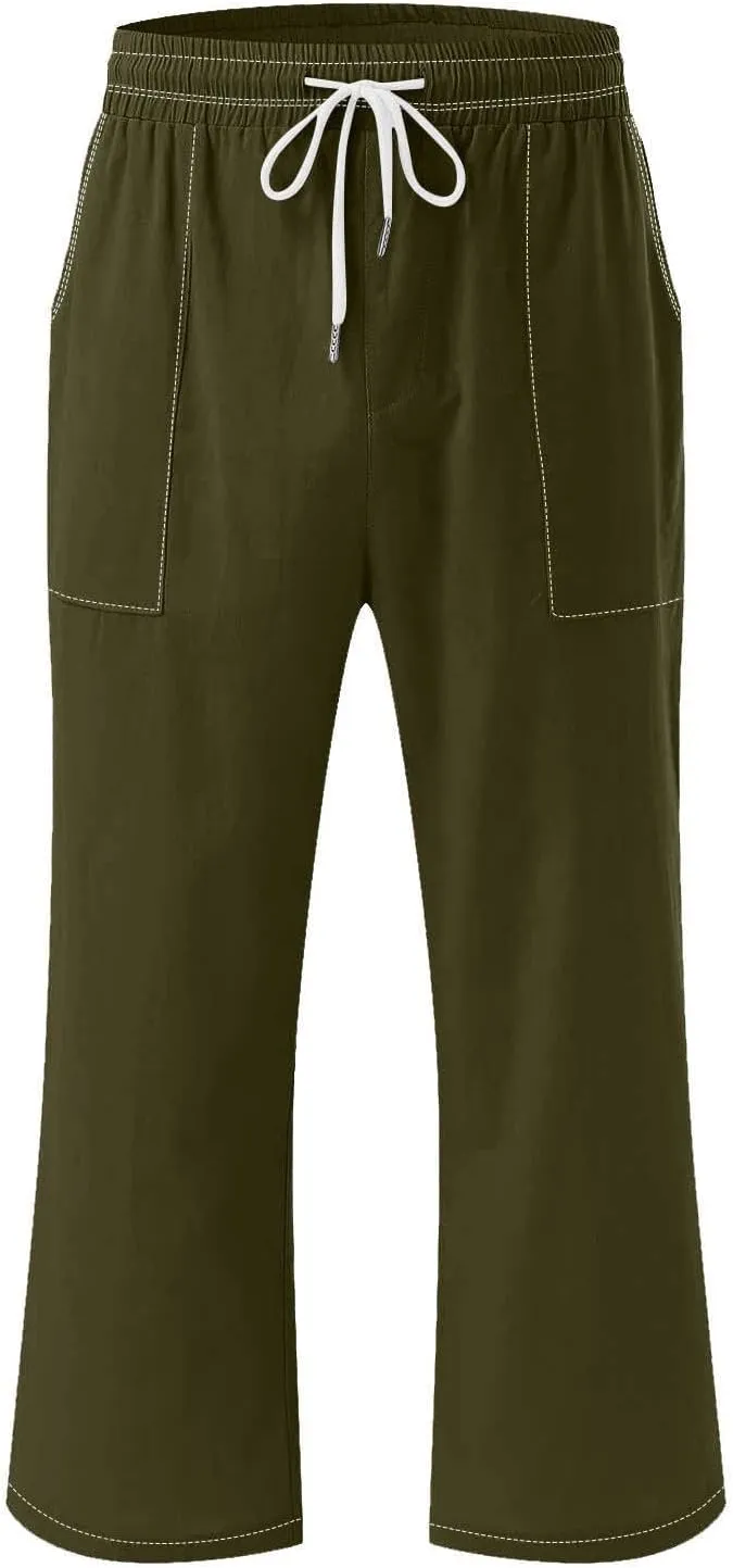 Womens Casual Cotton Linen Pants Lightweight Summer Loose Fit Elastic Waist Capris Solid Lounge Cropped Trousers