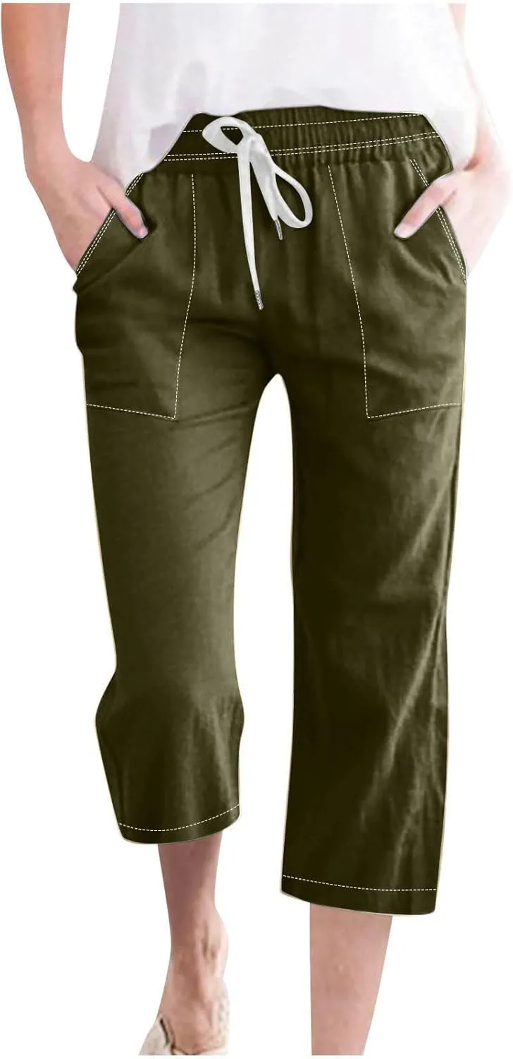 Womens Casual Cotton Linen Pants Lightweight Summer Loose Fit Elastic Waist Capris Solid Lounge Cropped Trousers