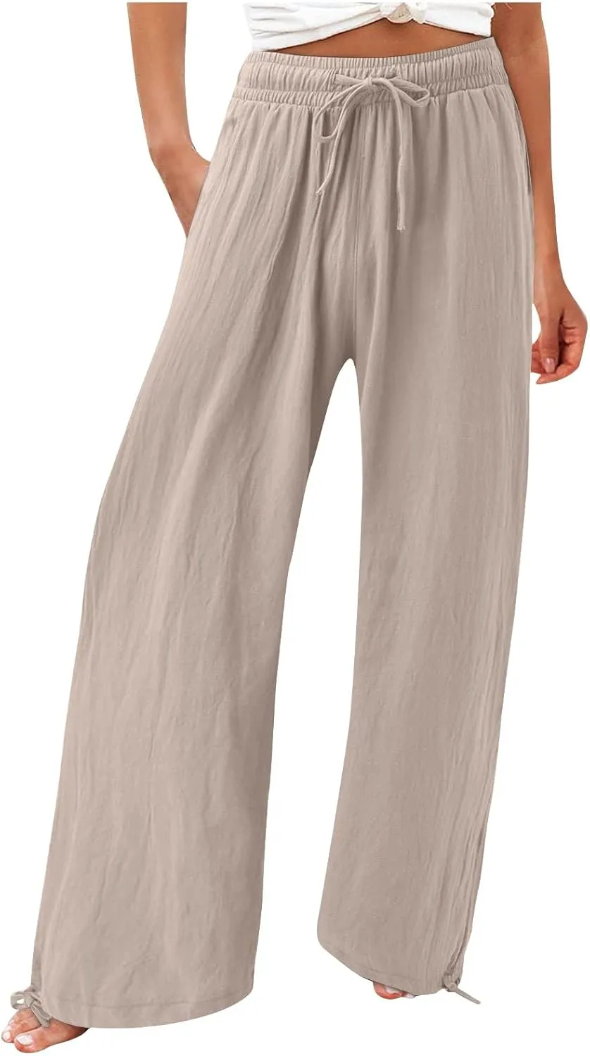 Women's Casual Cotton Linen Pants Summer Straight Wide Leg Palazzo Lounge Pants Drawstring Trousers with Pockets