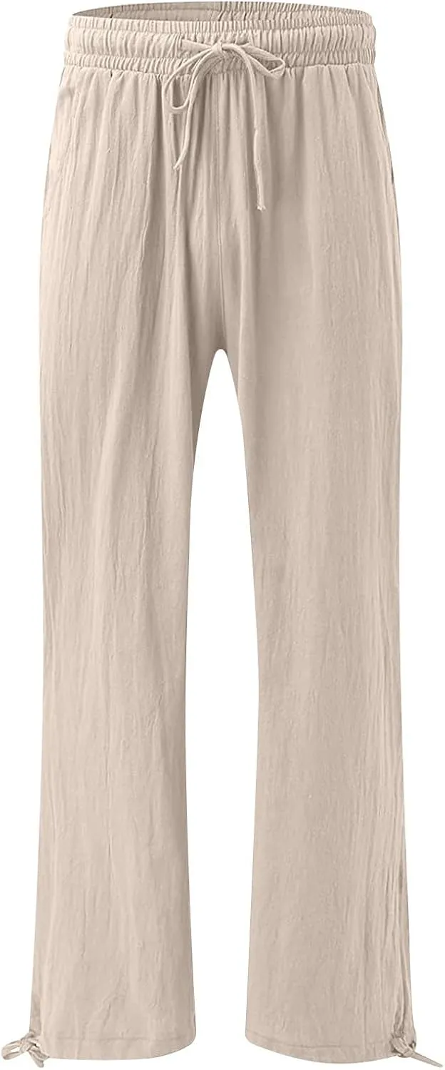 Women's Casual Cotton Linen Pants Summer Straight Wide Leg Palazzo Lounge Pants Drawstring Trousers with Pockets