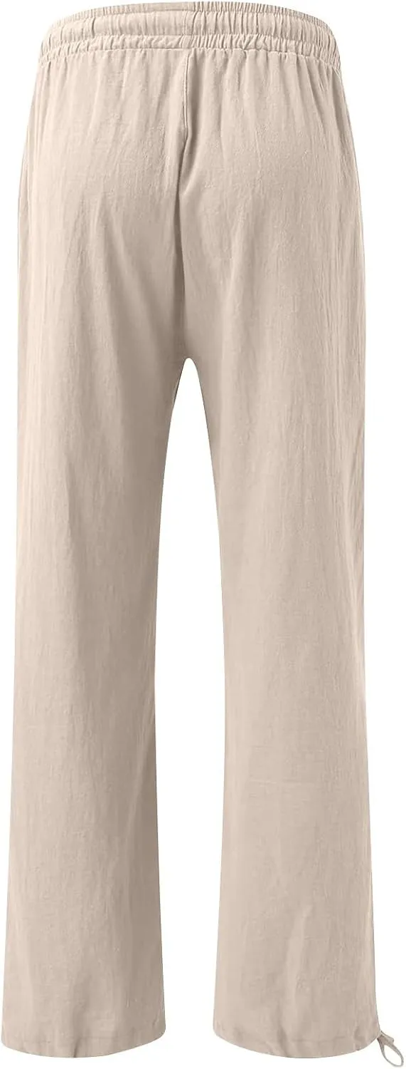 Women's Casual Cotton Linen Pants Summer Straight Wide Leg Palazzo Lounge Pants Drawstring Trousers with Pockets