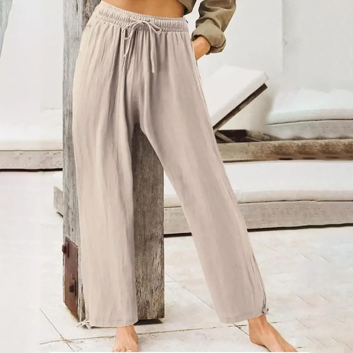 Women's Casual Cotton Linen Pants Summer Straight Wide Leg Palazzo Lounge Pants Drawstring Trousers with Pockets