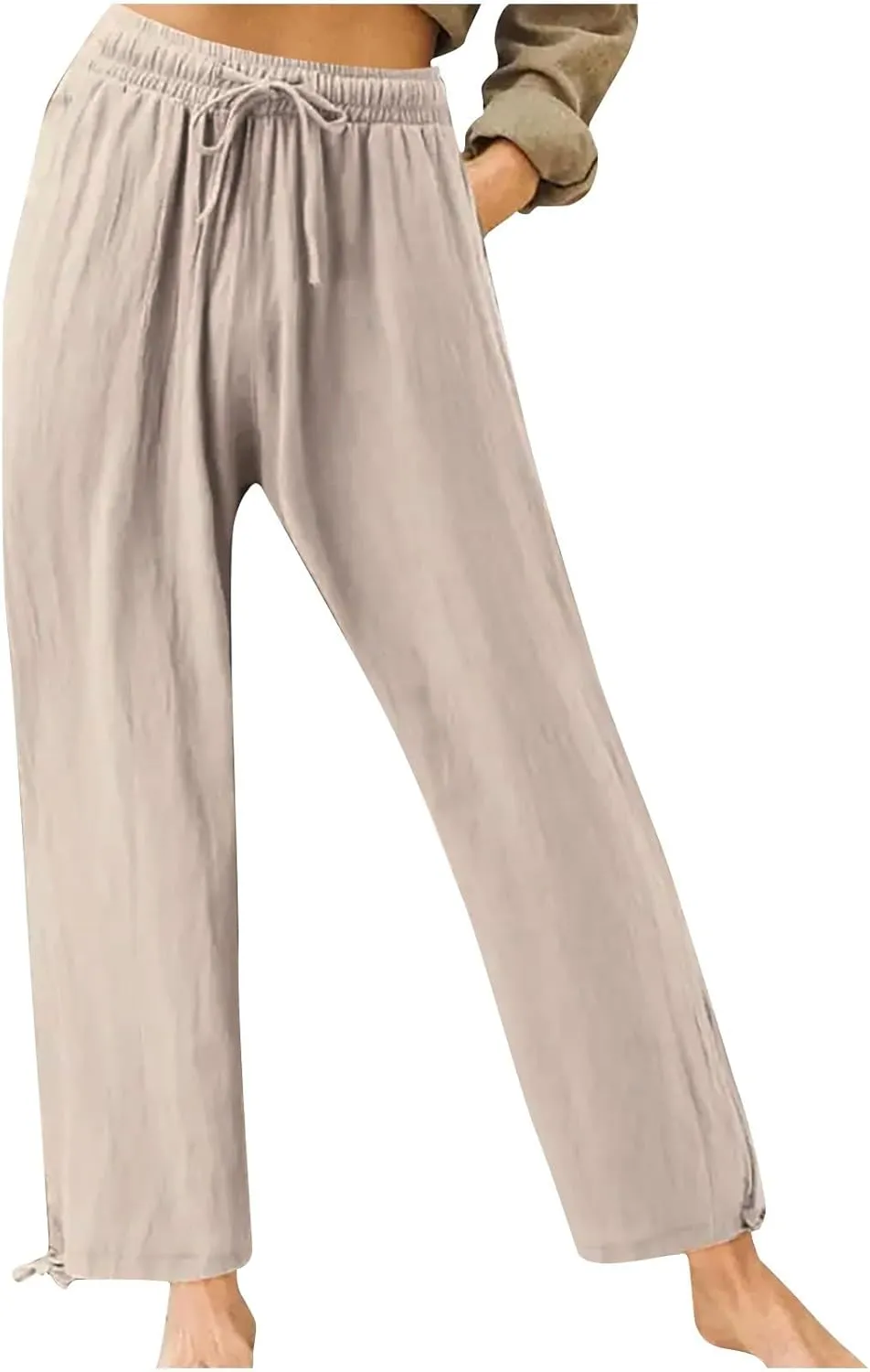 Women's Casual Cotton Linen Pants Summer Straight Wide Leg Palazzo Lounge Pants Drawstring Trousers with Pockets