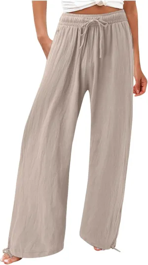 Women's Casual Cotton Linen Pants Summer Straight Wide Leg Palazzo Lounge Pants Drawstring Trousers with Pockets