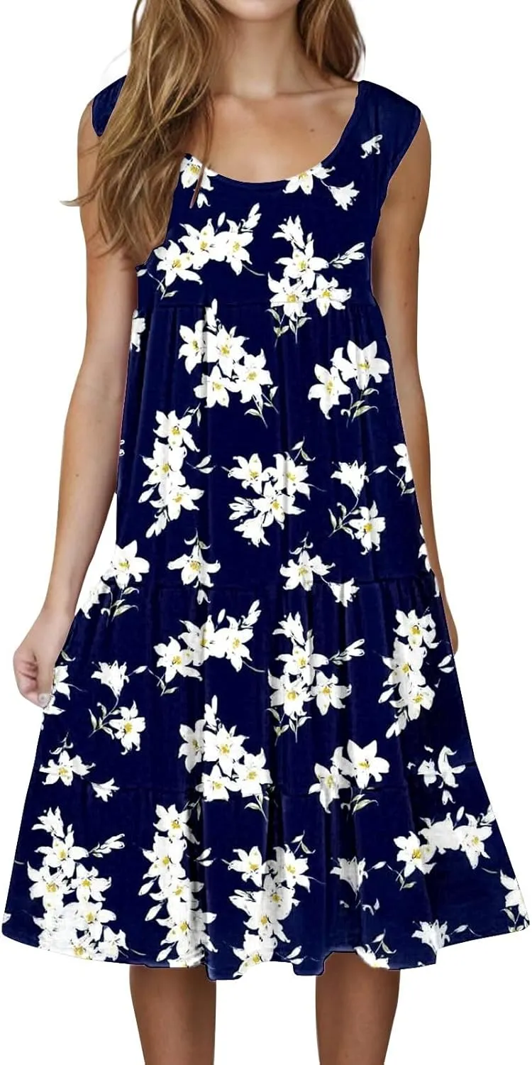 Womens Casual Dress for Summer Dress Loose Flowy Beach Dress Crew Neck A-Line Dresses Midi Sundress 2025