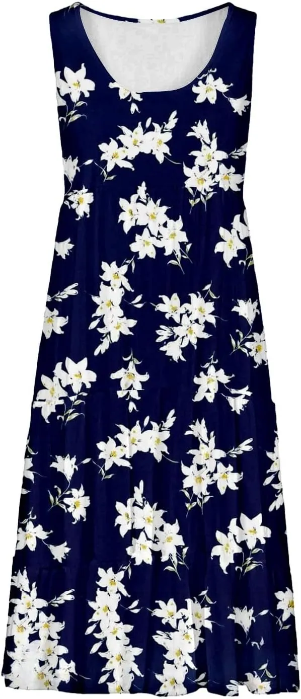 Womens Casual Dress for Summer Dress Loose Flowy Beach Dress Crew Neck A-Line Dresses Midi Sundress 2025