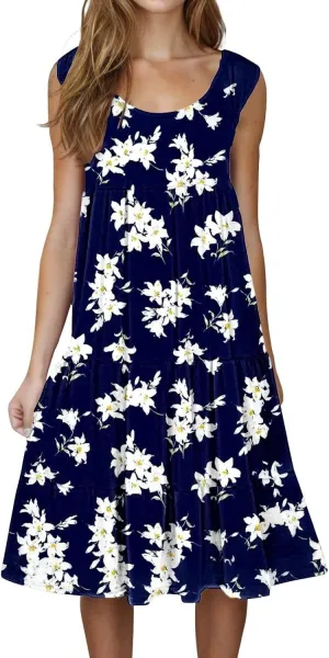 Womens Casual Dress for Summer Dress Loose Flowy Beach Dress Crew Neck A-Line Dresses Midi Sundress 2025