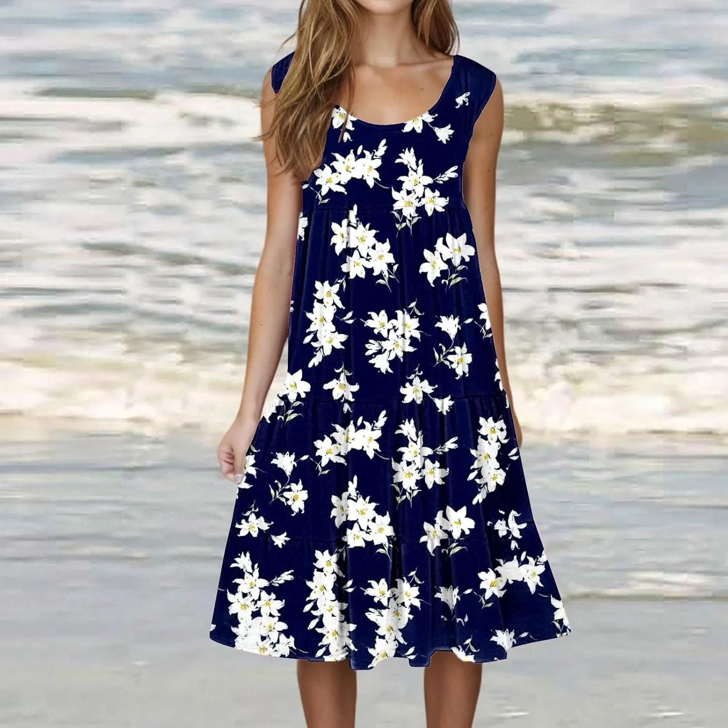 Womens Casual Dress for Summer Dress Loose Flowy Beach Dress Crew Neck A-Line Dresses Midi Sundress 2025