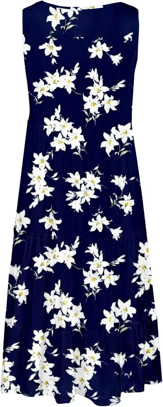 Womens Casual Dress for Summer Dress Loose Flowy Beach Dress Crew Neck A-Line Dresses Midi Sundress 2025