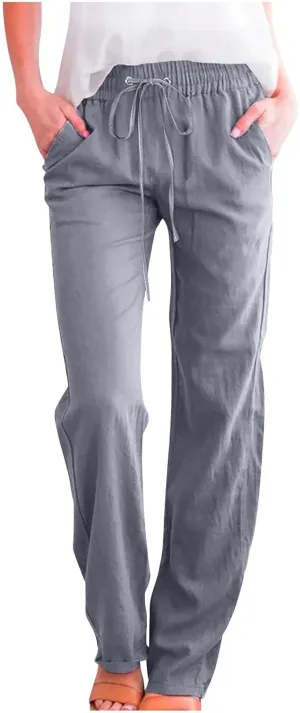 Womens Casual Linen Pants Drawstring Elastic High Waist Trousers Loose Comfy Lounge Pants with Pockets