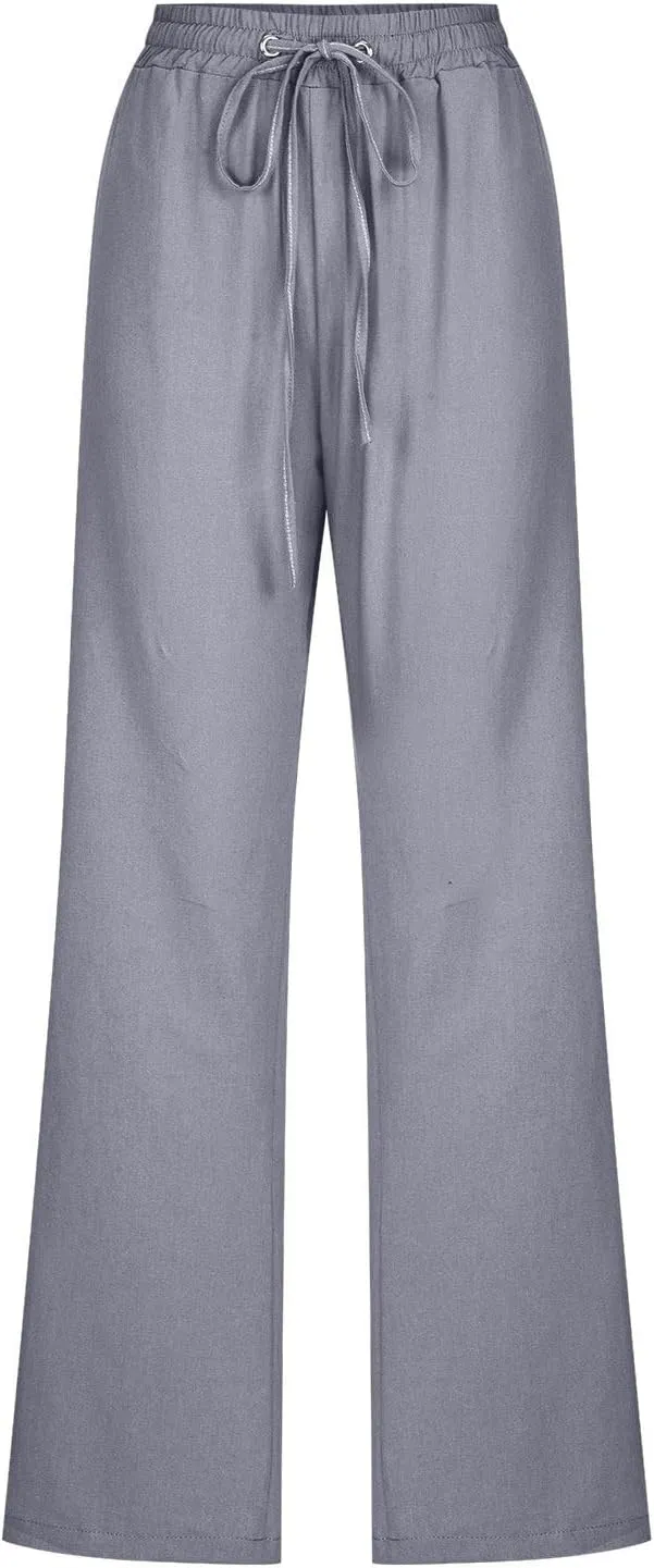 Womens Casual Linen Pants Drawstring Elastic High Waist Trousers Loose Comfy Lounge Pants with Pockets