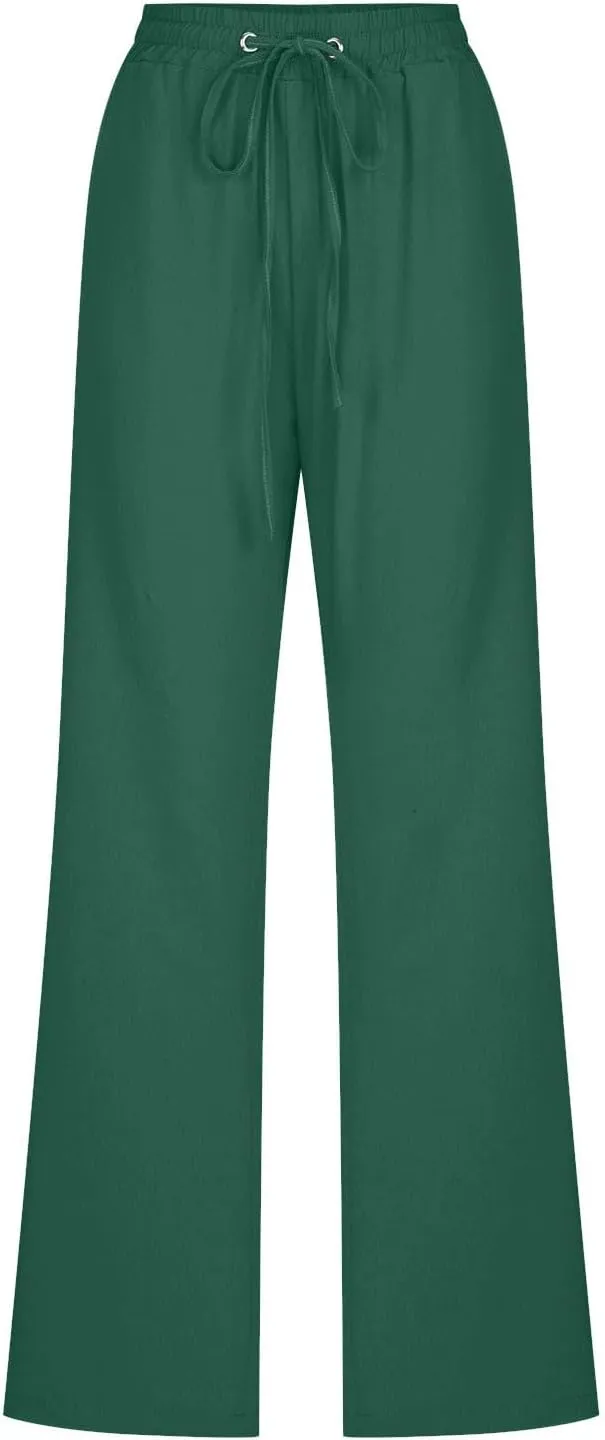 Womens Casual Linen Pants Drawstring Elastic High Waist Trousers Loose Comfy Lounge Pants with Pockets