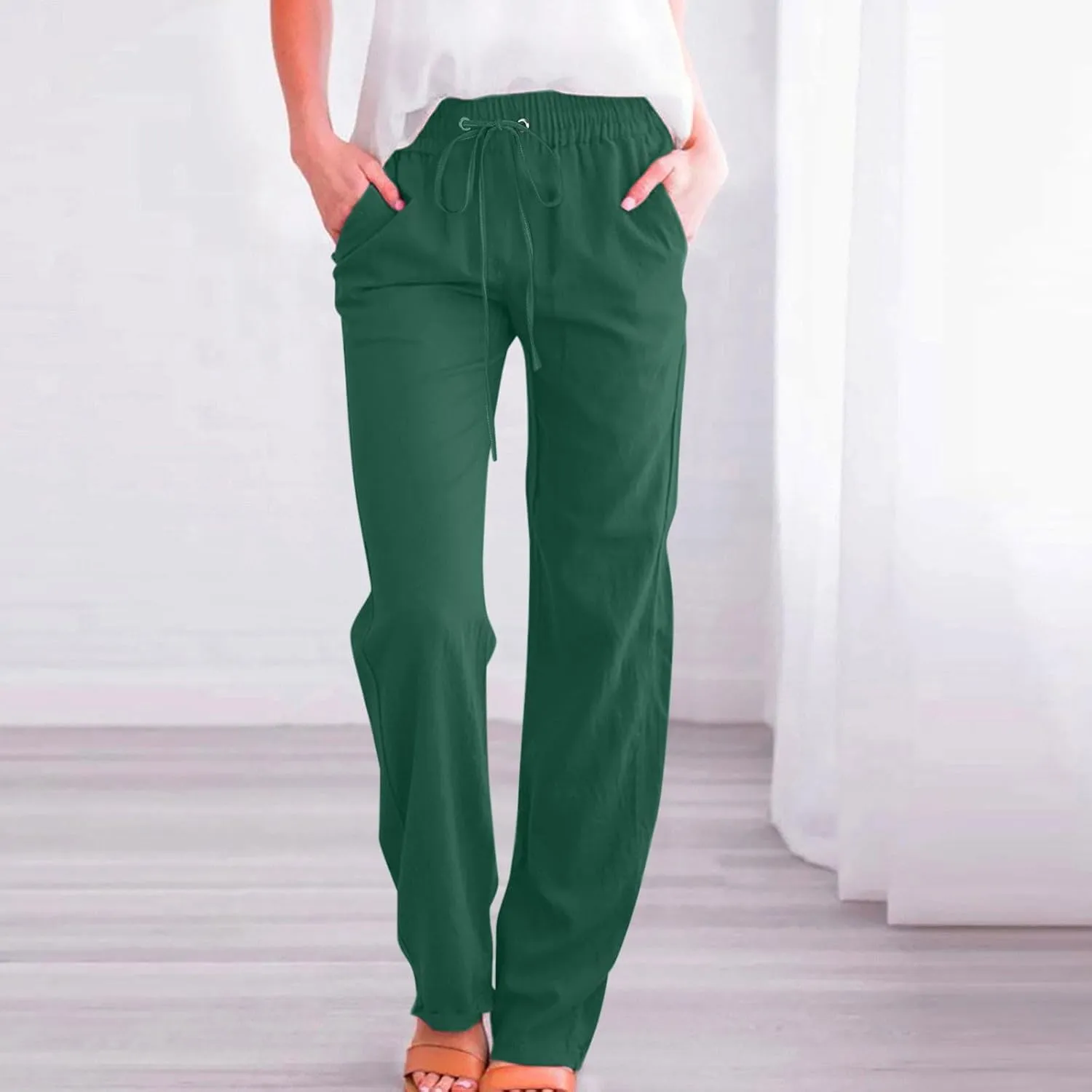 Womens Casual Linen Pants Drawstring Elastic High Waist Trousers Loose Comfy Lounge Pants with Pockets