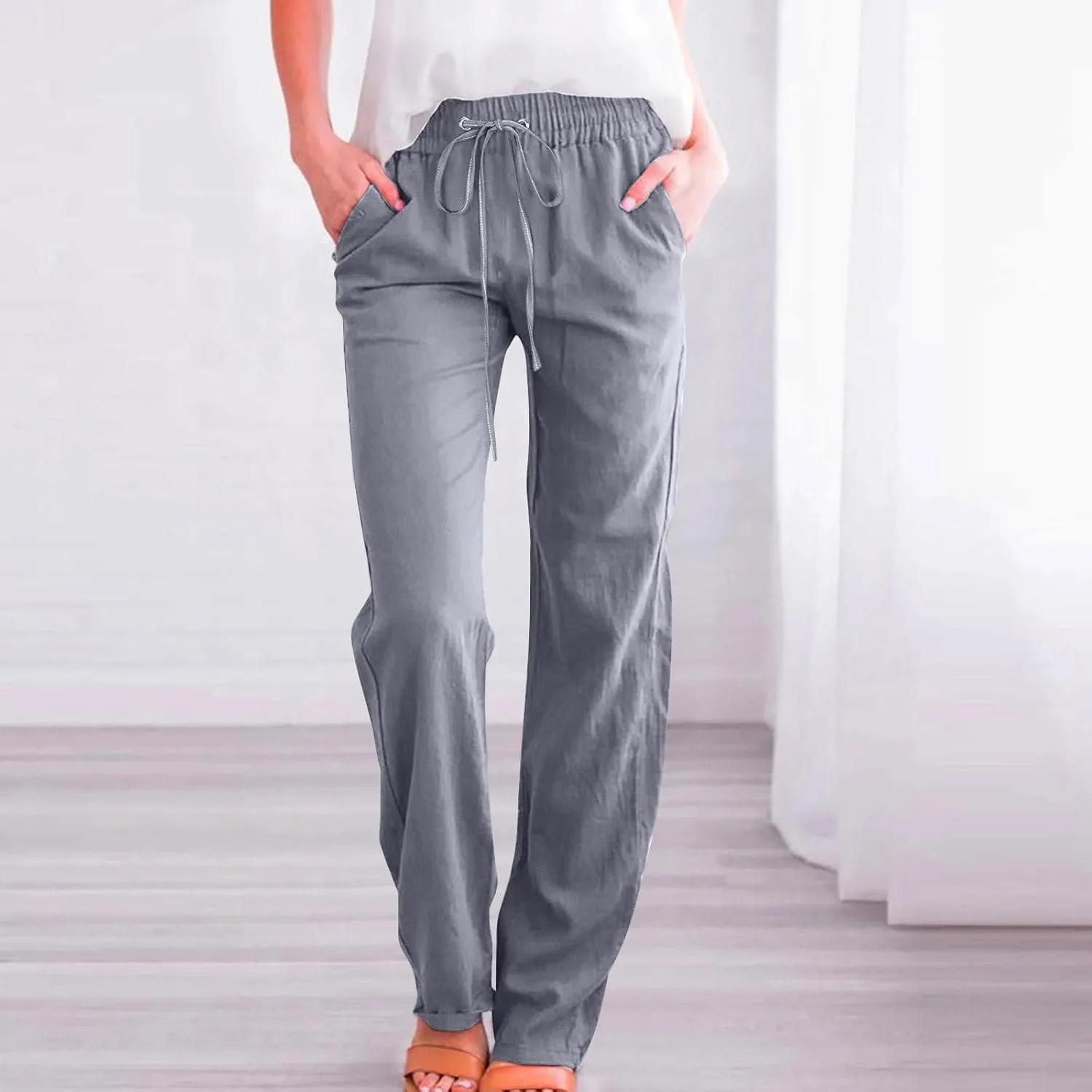 Womens Casual Linen Pants Drawstring Elastic High Waist Trousers Loose Comfy Lounge Pants with Pockets