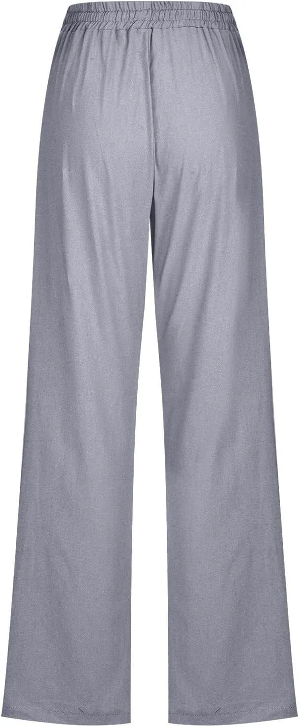 Womens Casual Linen Pants Drawstring Elastic High Waist Trousers Loose Comfy Lounge Pants with Pockets