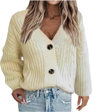 Womens Chunky Knit Cardigan Sweaters V Neck Button Down Casual Long Sleeve Solid Outwear Open Front Cardigan Knitwear